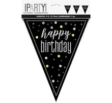 Load image into Gallery viewer, &quot;Happy Birthday&quot; Glitz Black &amp; Silver Prismatic Plastic Flag Banner (9ft)
