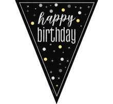 Load image into Gallery viewer, &quot;Happy Birthday&quot; Glitz Black &amp; Silver Prismatic Plastic Flag Banner (9ft)
