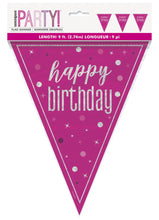 Load image into Gallery viewer, &quot;Happy Birthday&quot; Glitz Pink &amp; Silver Prismatic Plastic Flag Banner (9ft)
