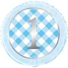 Load image into Gallery viewer, Blue Gingham 1st Birthday Foil Balloon
