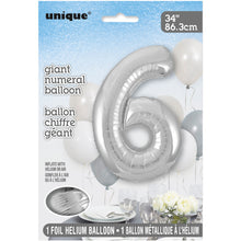 Load image into Gallery viewer, Silver Number 6 Shaped Foil Balloon 34&quot;
